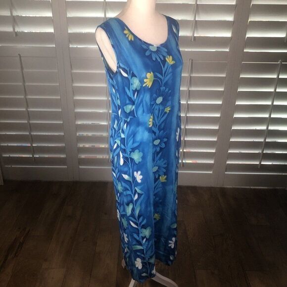 Vtg 90s JAMS WORLD Blue Floral Blutrellis Midi Dress XS Pockets Beach Resort - Picture 6 of 12